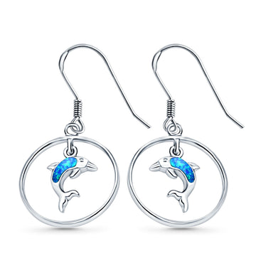 Drop Dangle Dolphin Earrings Lab Created Blue Opal 925 Sterling Silver (22mm)
